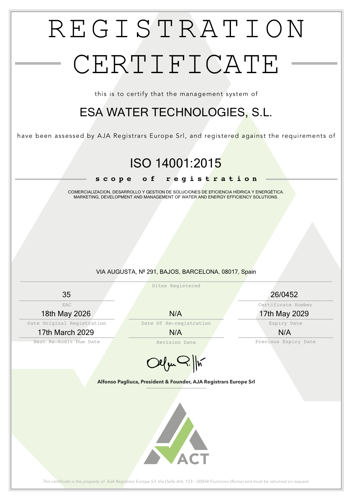 Certificado ISO 14001 de Gestión Ambiental de ESA Water Technologies, S.L.