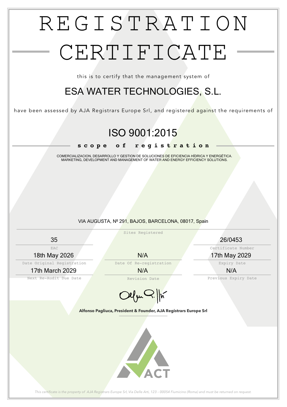 Certificado ISO 9001:2015 de Gestión de la Calidad de ESA Water Technologies, S.L.
